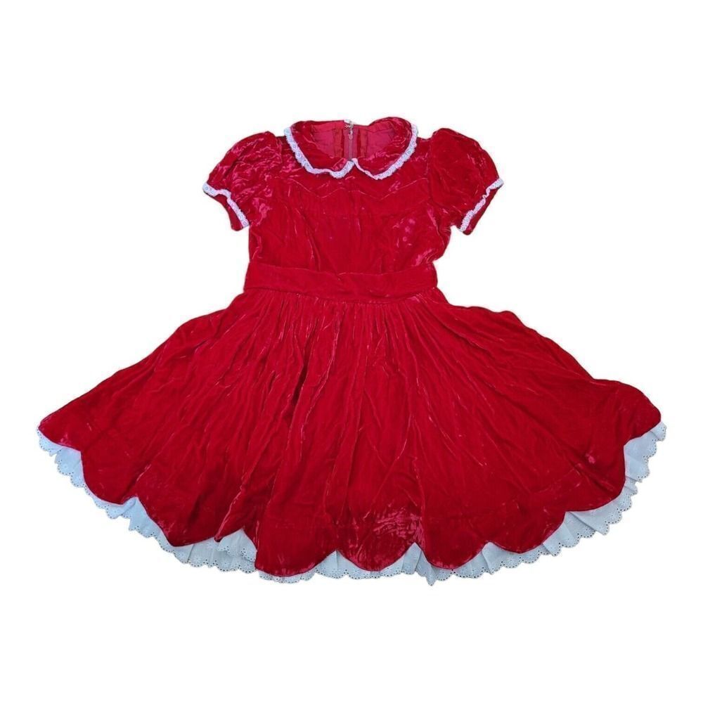 Vintage Red Velvet White Eyelet Trim Girls Handmade Christmas Dress SZ 8-10